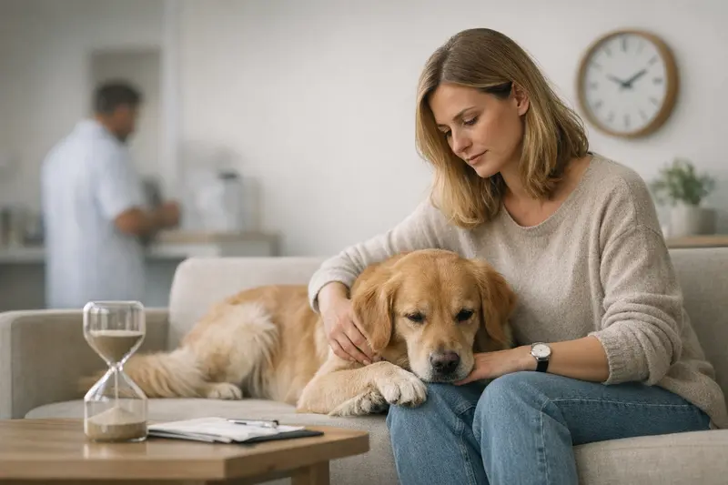 Ein Tierarzt untersucht einen Hund auf gesundheitliche Probleme, während eine besorgte Katzenhalterin darauf wartet.