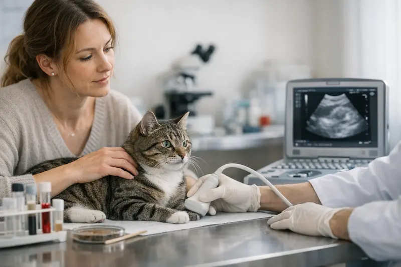 Tierarztuntersuchung und Diagnosetechniken Ein Tierarzt untersucht einen Hund mit Ultraschallgerät, während Laborergebnisse auf dem Tisch liegen.