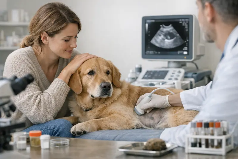 Ultraschalluntersuchung beim Tierarzt Tierarzt untersucht eine Katze mit Ultraschallgerät