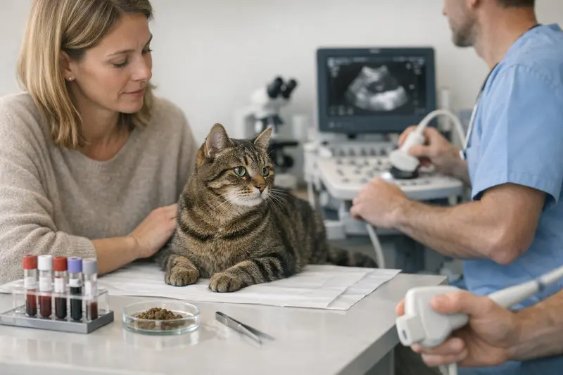 Diagnosetests beim Tierarzt Tierarzt untersucht eine Katze mit Ultraschallgerät zur Diagnostik.