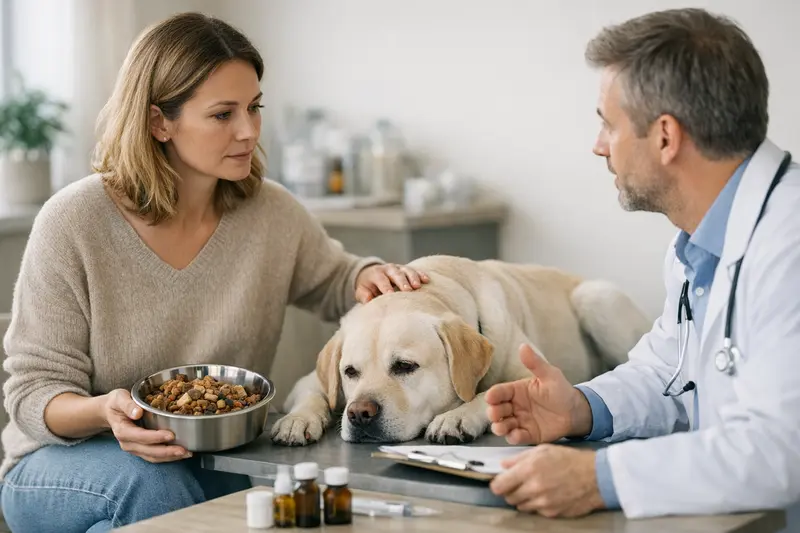 Tierarztuntersuchung bei Fütterungsproblemen Tierarzt untersucht Hund aufgrund von Fütterungsproblemen
