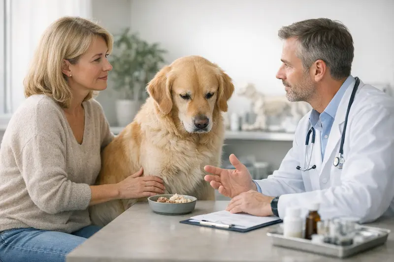 Eine Tierärztin untersucht einen Hund mit Fütterungsproblemen.