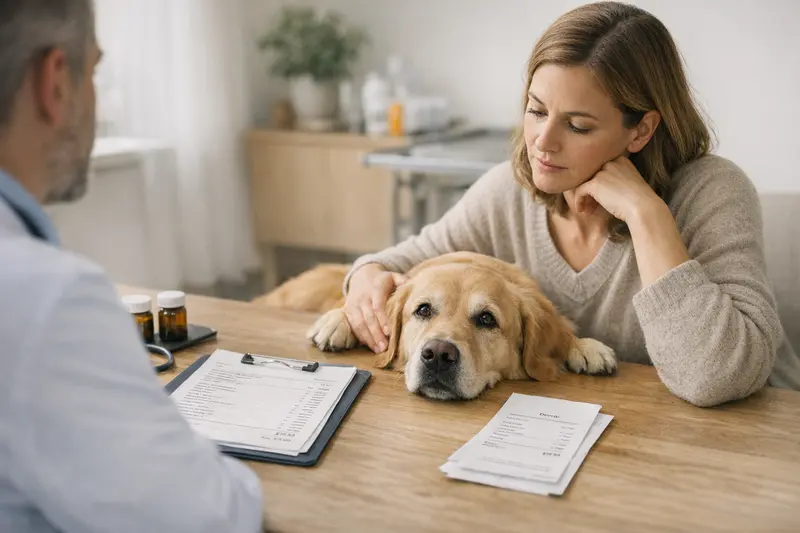 Tierkrankenversicherung: Beitrag oder Selbstbeteiligung? Ein Hundebesitzer überlegt, ob er eine Tierkrankenversicherung mit niedrigem Beitrag oder geringer Selbstbeteiligung wählen soll.