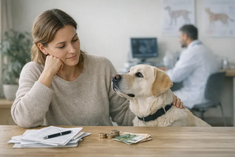 Tierarztkosten und Versicherungsoptionen für Tiere Ein Hund und eine Katze sitzen zusammen und schauen aufmerksam auf ihre Tierhalter, während diese über Tierarztkosten sprechen.