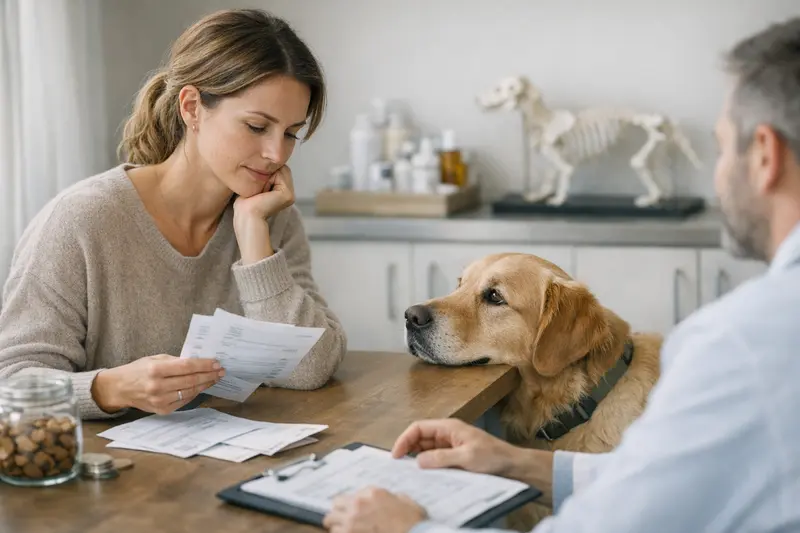 Gesundheitsuntersuchung Hund Katze Tierarzt Hund und Katze beim Tierarzt für eine Gesundheitsuntersuchung, um über Kosten und Selbstbeteiligung aufzuklären.