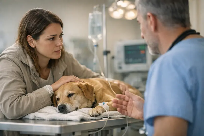 Tierarzt Notfalluntersuchung Ein Tierarzt untersucht einen Hund in einer Notfallsituation, die hohe Kosten verursacht.