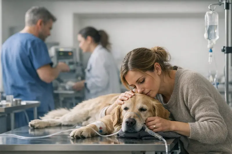 Tierarzt Notfallkosten Ein besorgter Tierhalter mit seinem Hund beim Tierarzt, der auf die hohen Notfallkosten hinweist.