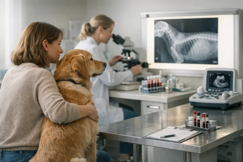 Tierarzt untersucht Hund mit Röntgengerät zur Diagnostik