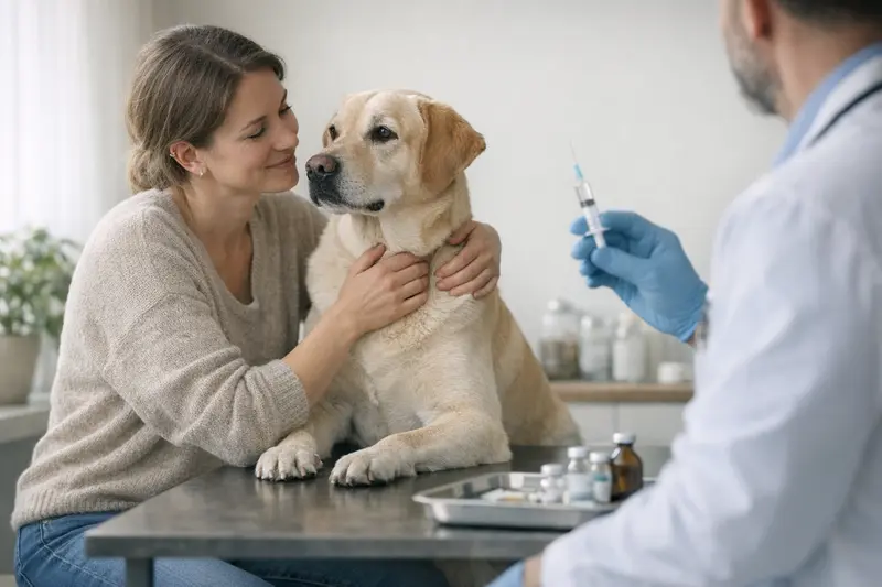 Ein Tierarzt berät einen Hundebesitzer über Impfungen und Vorsorgeleistungen.