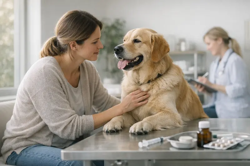 Tierarztprüfung für Hundevorsorge Eine Tierarztpraxis mit einem Tierarzt, der einem Hund eine Vorsorgeuntersuchung durchführt.