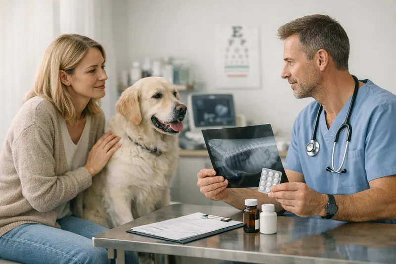 Tierarztbesuch mit Hund Tierarzt untersucht einen Hund auf mögliche Symptome und erklärt die Bedeutung von Diagnostik und Medikamenten.