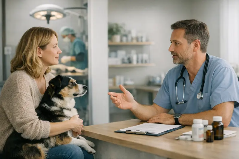 Tierarztbesuch mit Hund und Katze Tierarzt untersucht einen Hund, während eine Katze in der Nähe sitzt und die Situation beobachtet.