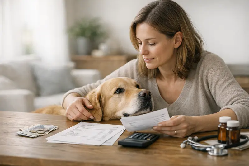 Selbstbeteiligung in der Tierkrankenversicherung Ein Hund mit seinem Tierarzt während einer Untersuchung, die die Bedeutung der Selbstbeteiligung in der Tierkrankenversicherung verdeutlicht.