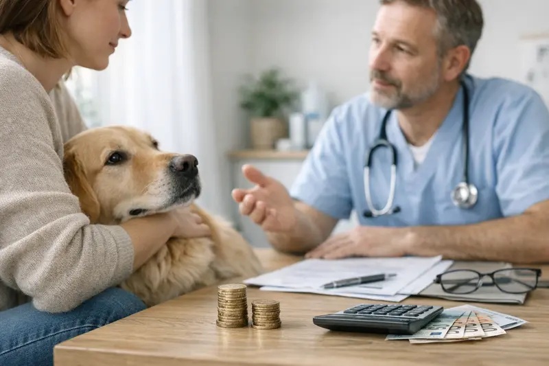 Selbstbeteiligung in der Tierkrankenversicherung Ein Tierarzt erklärt einem Hundebesitzer die Selbstbeteiligung seiner Tierkrankenversicherung.