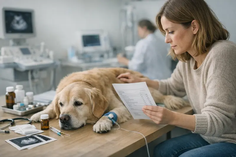 Tierarztrechnung im Detail Auf einer Tierarztrechnung sind unterschiedliche Posten wie Behandlung, Diagnostik und Medikamente angegeben.