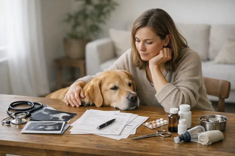 Tierarztbesuch und Absicherung für Haustiere Ein Hund, der von einem Tierarzt medizinisch untersucht wird, symbolisiert die wichtige Rolle der Absicherung bei Tierarztkosten.