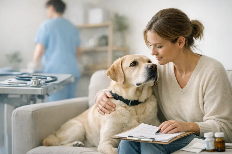 Hund im Tierarztbesuch für Krankenversicherung Ein glücklicher Hund liegt in einer Tierarztpraxis, während sein Besitzer sich über Krankenversicherungen informiert.