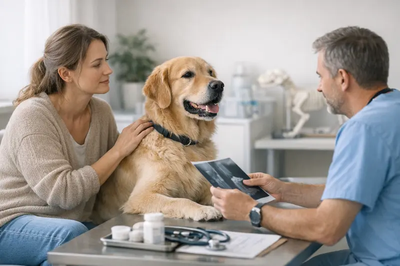 Hundehalter informiert sich über Vorsorgeleistungen in einer Tierkrankenversicherung.