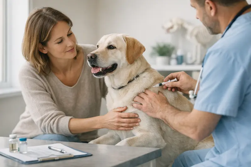Vorsorgeuntersuchungen Hund Tierarzt bei der Impfung eines Hundes für Vorsorgeuntersuchungen.
