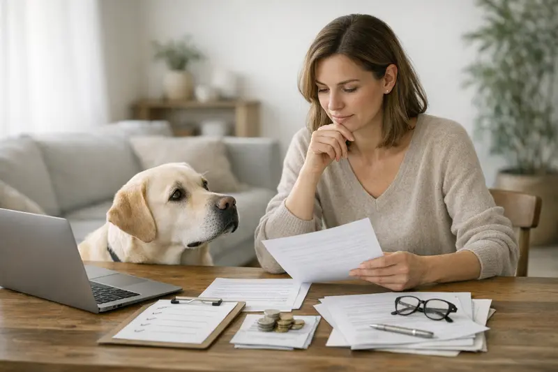 Ein Hundebesitzer vergleicht Tierkrankenversicherungstarife am Laptop.