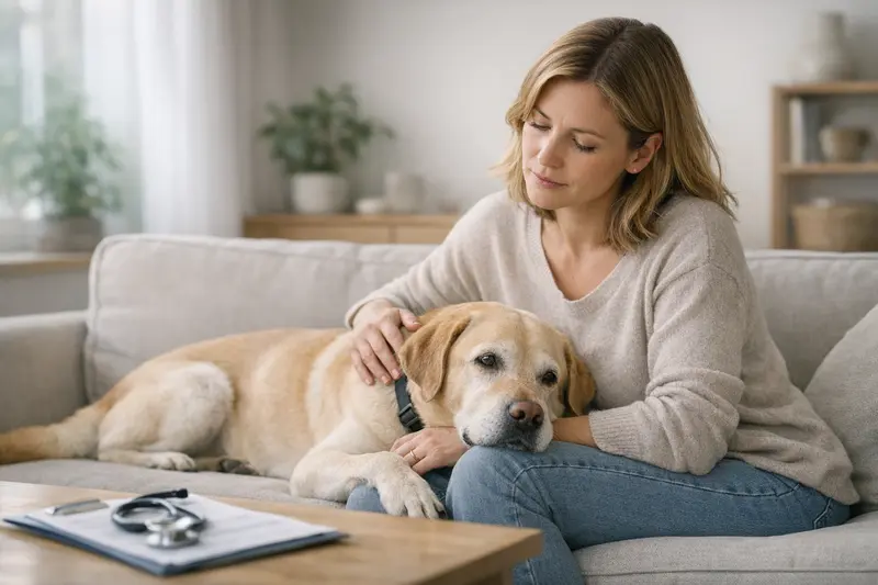 Hund und Tierarztbesuch zur Klärung von Vorerkrankungen Ein Hund beim Tierarzt, der auf eine Untersuchung vorbereitet wird, während der Tierhalter wichtige Fragen zur Versicherung stellt.