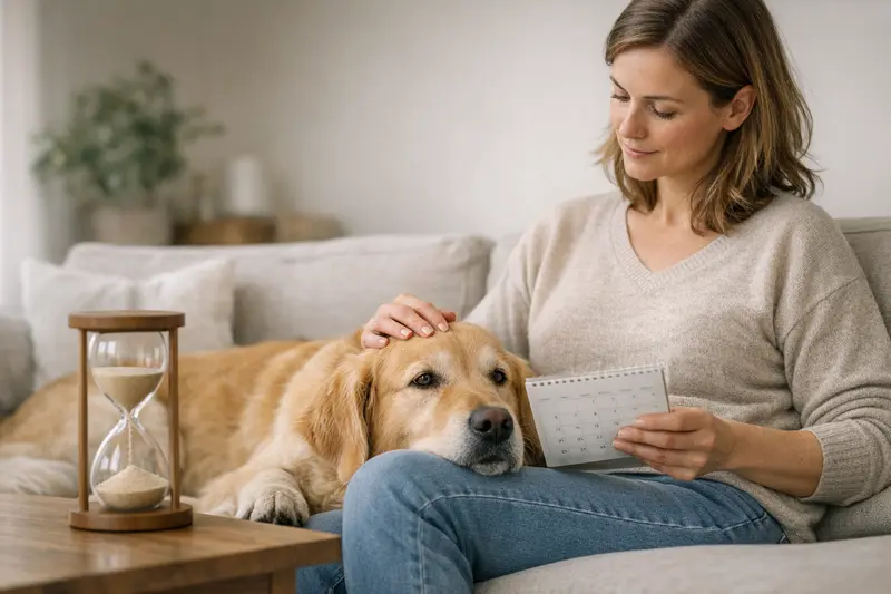 Wartezeiten in der Hundekrankenversicherung Hunde mit ihrem Besitzer im Tierarztpraxis, die Wartezeiten und Versicherungsfragen klären.