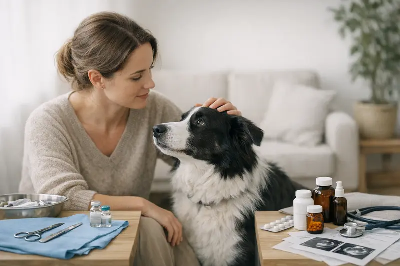 Eine Katze und ein Hund zeigen ihre tierärztliche Bescheinigung über den OP-Schutz.