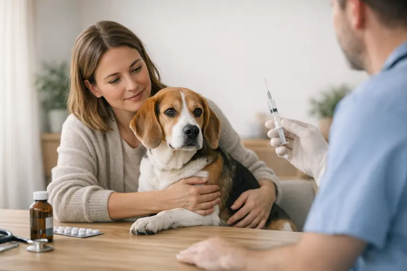 Ein Hund und eine Katze bei einem Tierarzt, während ihre Besitzer über Impfungen und Vorsorgeleistungen diskutieren.