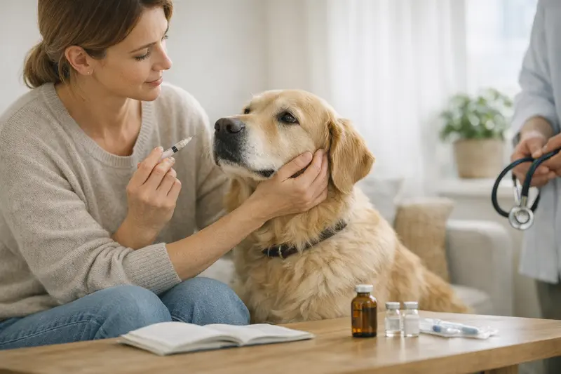 Tierärztin konsultiert Hundebesitzer über Impfungen und Vorsorgeleistungen der Tierkrankenversicherung.