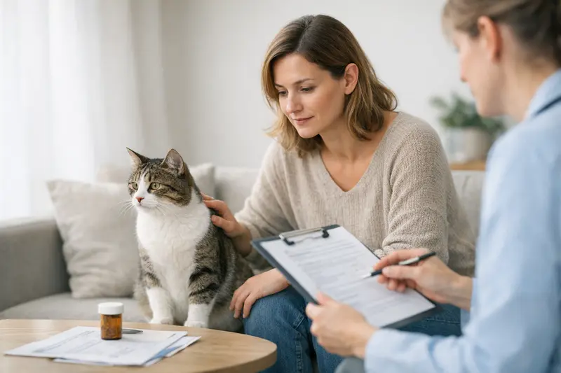 Vorerkrankungen bei Tieren und deren Auswirkungen auf die Versicherung Ein Hund und eine Katze beim tierärztlichen Untersuchungsgespräch über Vorerkrankungen.