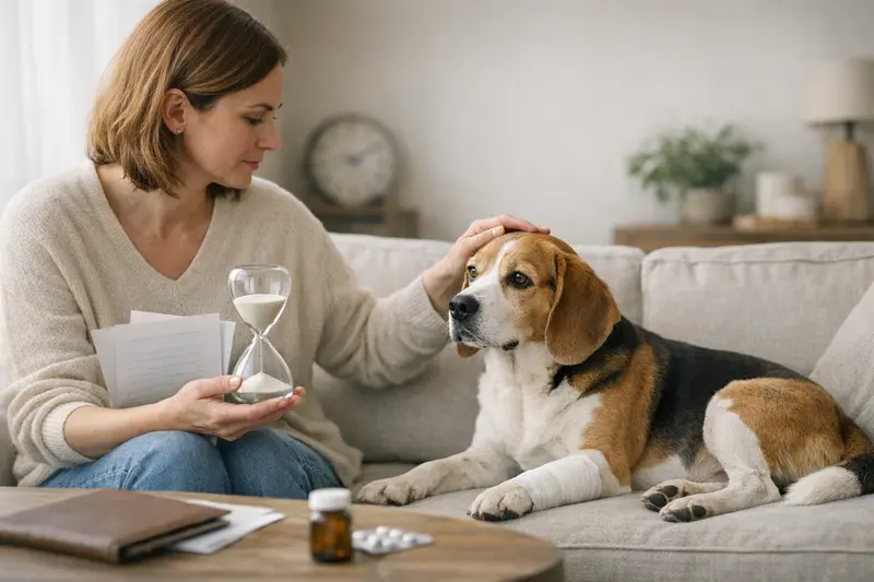 Tierhalterin und Hund besprechen Gesundheitsfragen Eine besorgte Tierhalterin mit ihrem Hund und einer Gesundheitsakte, die die Wartezeiten und Vorerkrankungen bespricht.