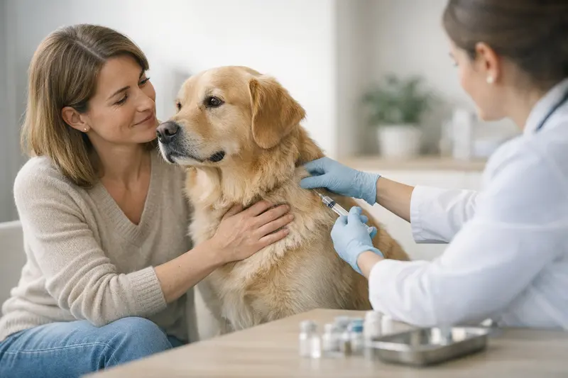 Tierarzt Beratung zu Impfungen für Hunde Hundehalter bespricht mit Tierarzt die Impfungen und Vorsorgeleistungen für seinen Hund.