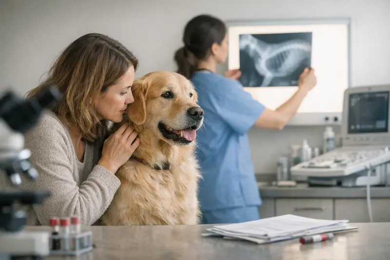 Ein Hund beim Tierarzt während einer Röntgenuntersuchung zur Diagnostik.