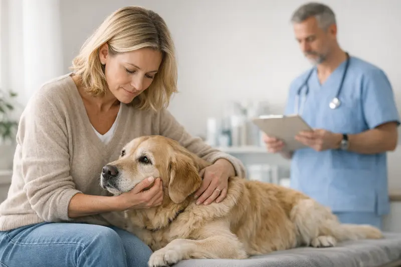 Ein Hund beim Tierarzt, der auf mögliche Vorerkrankungen untersucht wird.