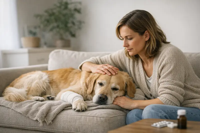 Vorerkrankungen bei Hundekrankenversicherungen Ein Hund beim Tierarzt mit einem besorgten Besitzer, der über Vorerkrankungen informiert wird.