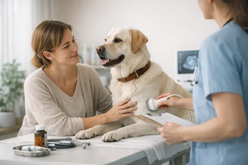 Vorsorgeuntersuchung Hund Ein Hund erhält eine Vorsorgeuntersuchung beim Tierarzt.
