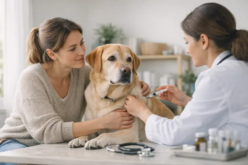 Tierarztimpfung für Hunde Ein Tierarzt impft einen Hund zur Vorsorge, während der Hundebesitzer aufmerksam zusieht.
