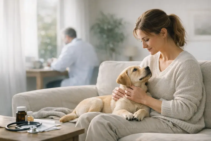 Tierkrankenversicherung für Hunde: Wann ist der beste Zeitpunkt? Ein glücklicher Hund mit seinem Besitzer beim Tierarzt, der die Wichtigkeit der Tierkrankenversicherung demonstriert.