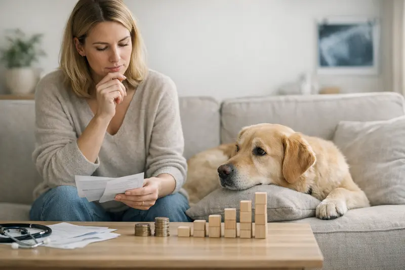 Tierarztbesuch und Versicherungslimits für Hunde Hund wird vom Tierarzt untersucht, während über Versicherungslimits diskutiert wird.