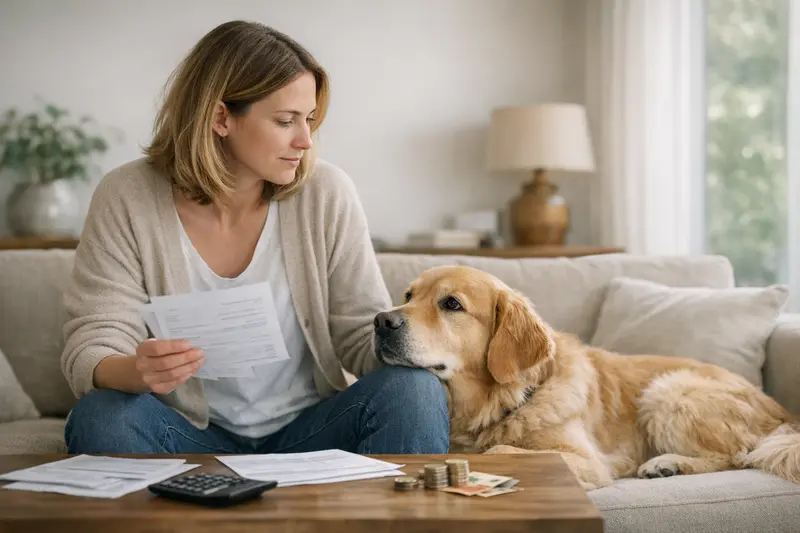 Ein Hund beim Tierarzt, während sein Besitzer über die Selbstbeteiligung der Hundeversicherung informiert wird.