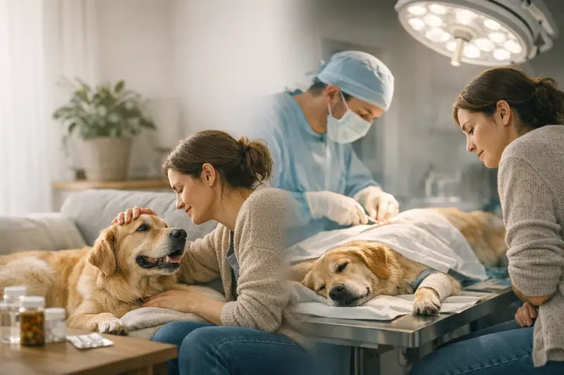 Hund bei Tierarztbehandlung Ein Hund bekommt eine Behandlung beim Tierarzt, um mögliche Krankheitskosten zu klären.