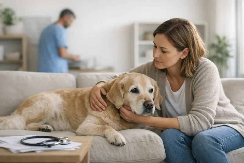Hund beim Tierarzt zur Untersuchung von Vorerkrankungen Ein Hund beim Tierarzt, der auf mögliche Vorerkrankungen untersucht wird.