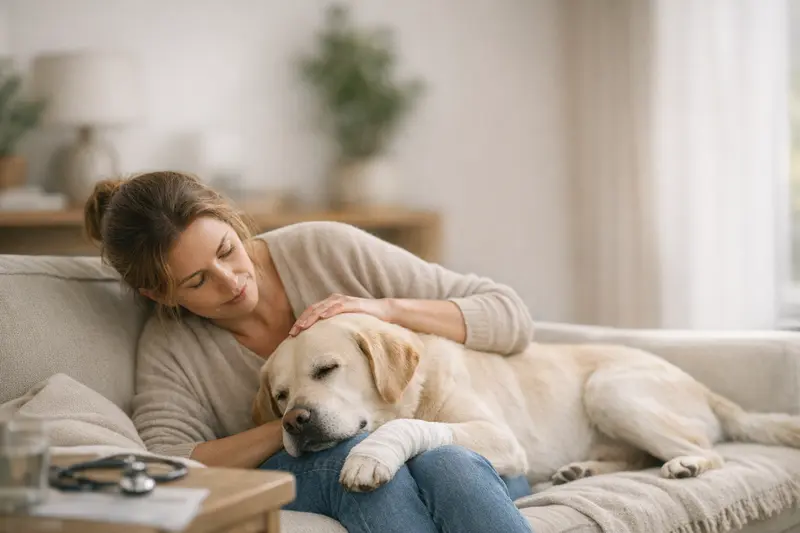 Ein Hund und eine Katze, die gemeinsam auf einem Sofa liegen und sich wohlfühlen, während über Tierkrankenversicherungen informiert wird.