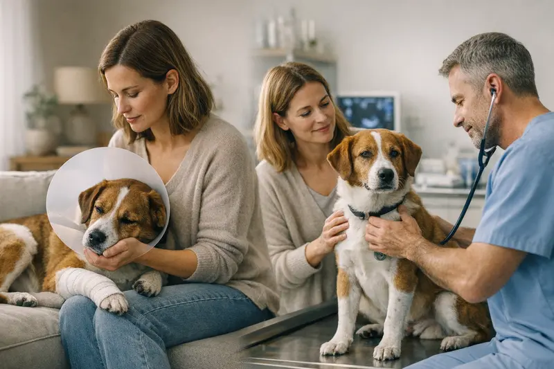 Unterschied zwischen OP-Versicherung und Krankenversicherung für Haustiere Ein Hund und eine Katze beim Tierarzt, während sie über Kranken- und OP-Versicherungen informiert werden.