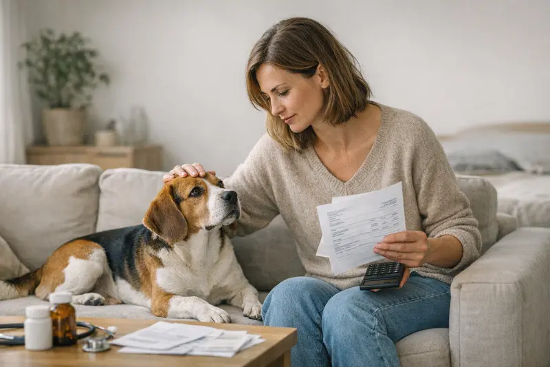 Eine Katze und ein Hund stehen zusammen auf einem Tierarzt-Tisch, während ihre Besitzer über die Selbstbeteiligung in der Tierkrankenversicherung diskutieren.