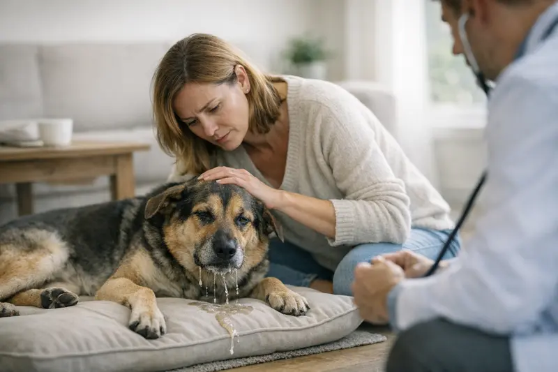 Tollwut Symptome bei Hunden Ein Hund zeigt Anzeichen von Tollwut, indem er stark sabbert und taumelt.