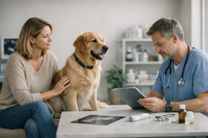 Hundekrankenversicherung Vergleich Ein Hund mit einem Tierarzt, der über Versicherungsoptionen informiert.