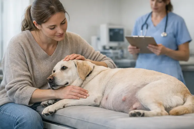 Schwangere Hündin beim Tierarzt Eine schwangere Hündin, die bei einem Tierarzt untersucht wird, um die Gesundheit während der Trächtigkeit sicherzustellen.
