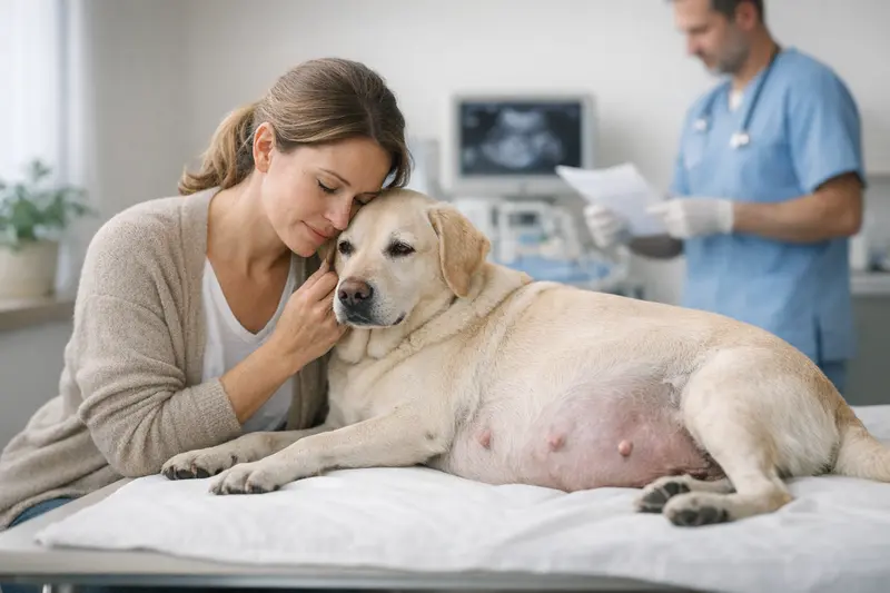 Kaiserschnitt bei Hunden in der Tierarztpraxis Schwangere Hündin in einer Tierarztpraxis während einer Untersuchung vor einer möglichen Kaiserschnittoperation.