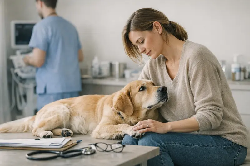 Hund beim Tierarzt für Gesundheitsvorsorge Ein glücklicher Hund beim Tierarzt, symbolisiert die Wichtigkeit der Gesundheitsvorsorge und Kostenabsicherung.